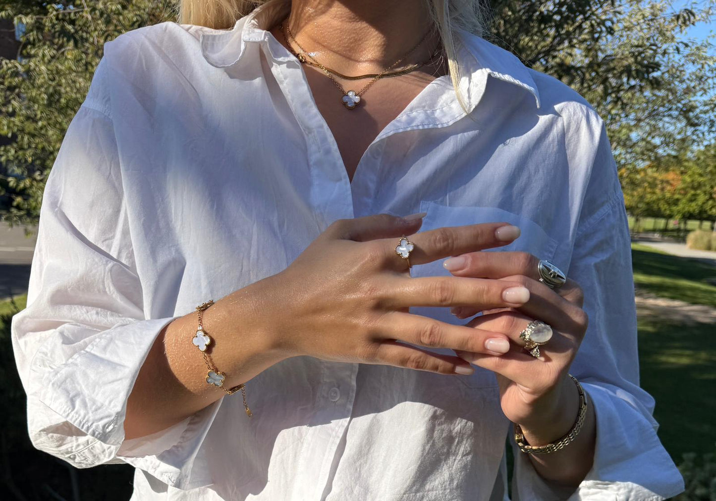 Firekløverarmbånd - Hvit - 18K - Forgylt