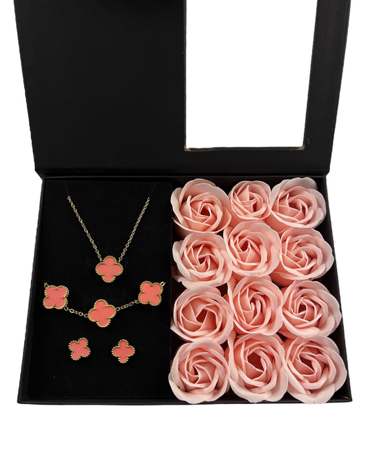 Love Box - Roseæske + 1 Fuldt Blossom Sæt m. 18K Guld Belægning - Pink